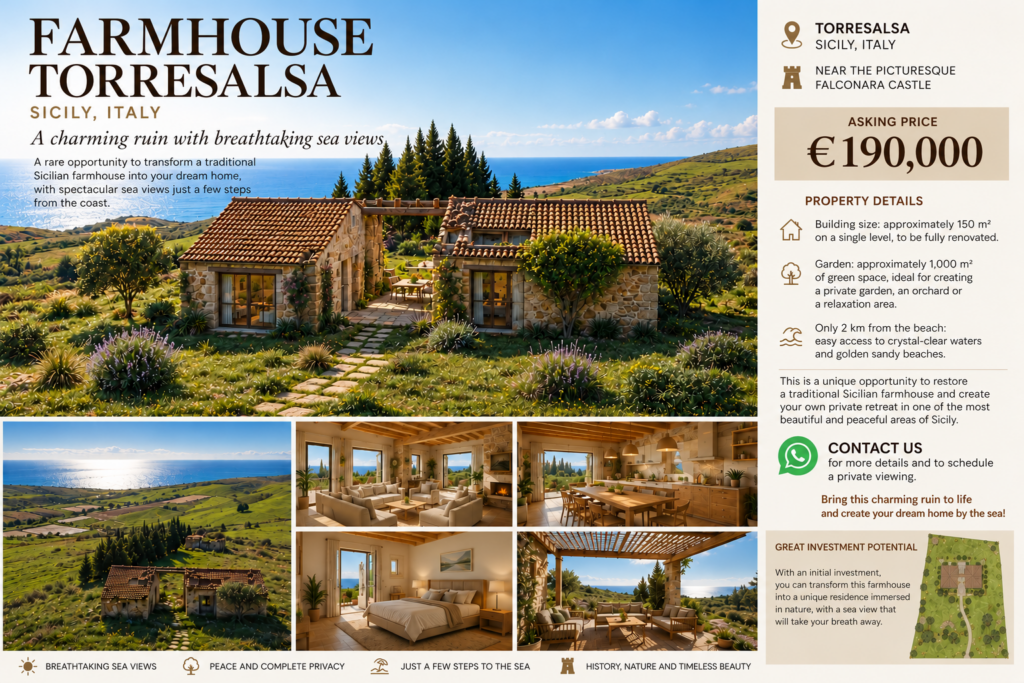 Property sheet for the farmhouse in Torresalsa, Siculiana: a charming ruin with breathtaking sea views, asking price €190,000